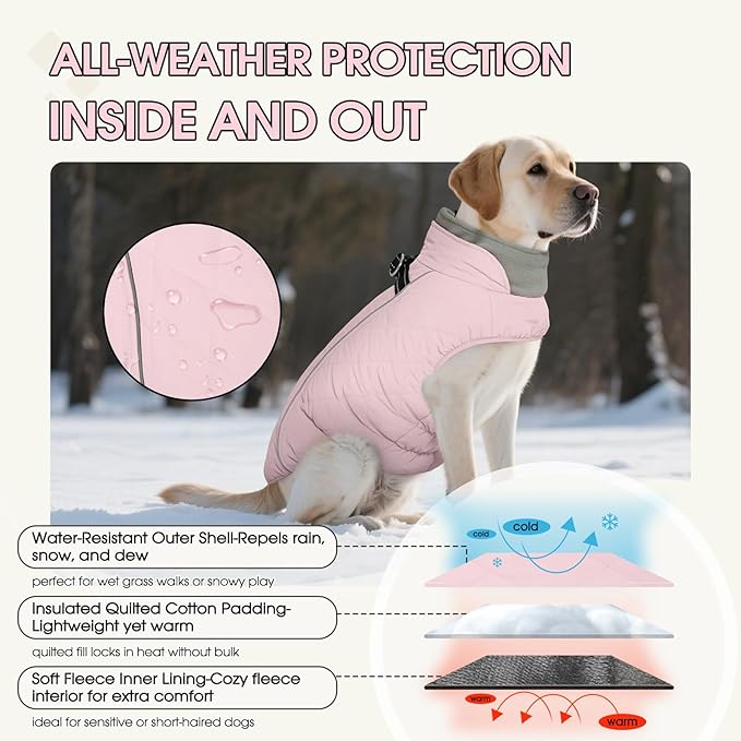 QBLEEV Dog Coat for Medium Dogs, Winter Warm Fleece Vest, Waterproof & Windproof with Adjustable Fit, Built-in Harness, Reflective Trim & Zip-Up for Safe Cozy Walks — Pink, M, for Corgi, Beagle, Pug