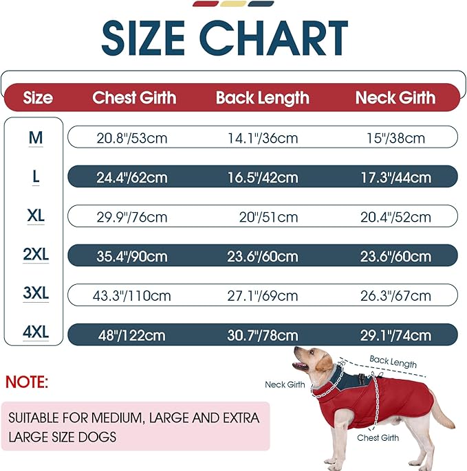 ROZKITCH Dog Jacket for Cold Weather, Dog Coat for Autumn Winter with Turtleneck, Pet Clothes with Adjustable Buckles, Soft Warm Pet Clothing with Reflective Strip for Medium Large Dogs Red XL