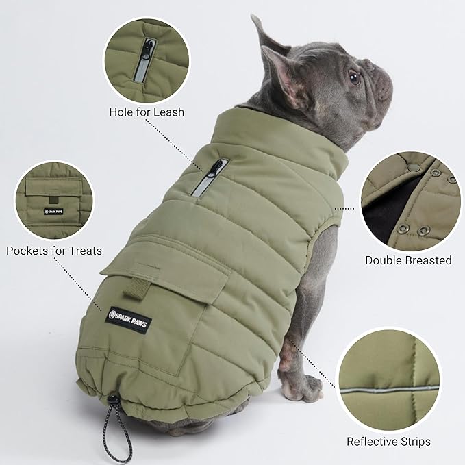 Spark Paws Dog Winter Jacket, Water-Resistant Coat, Warm Reflective Windproof Fleece-Interior, for Medium and Large Dogs - Olive - L