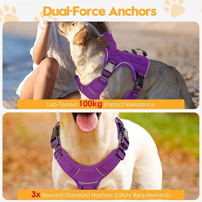 Heavy-Duty Tactical Dog Harness for Large Dogs, No Pull Adjustable Reflective Pet Vest with Molle System, K9 Military-Grade Control for Service Training, Outdoor & 10+ Breeds, Purple, Medium
