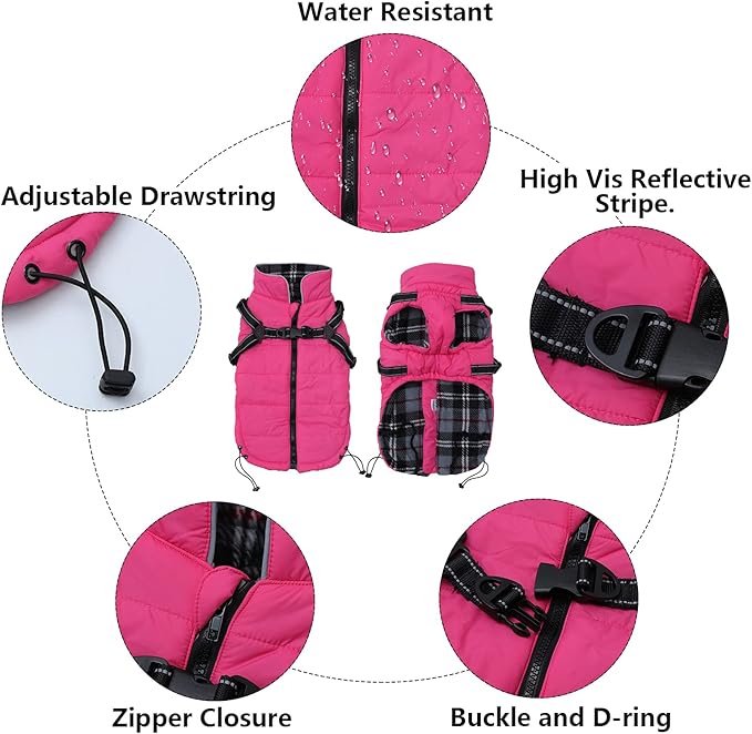 Geyecete Waterproof Dog Jacket with Harness Traction Belt, Pink, Medium-Small, Autumn & Winter