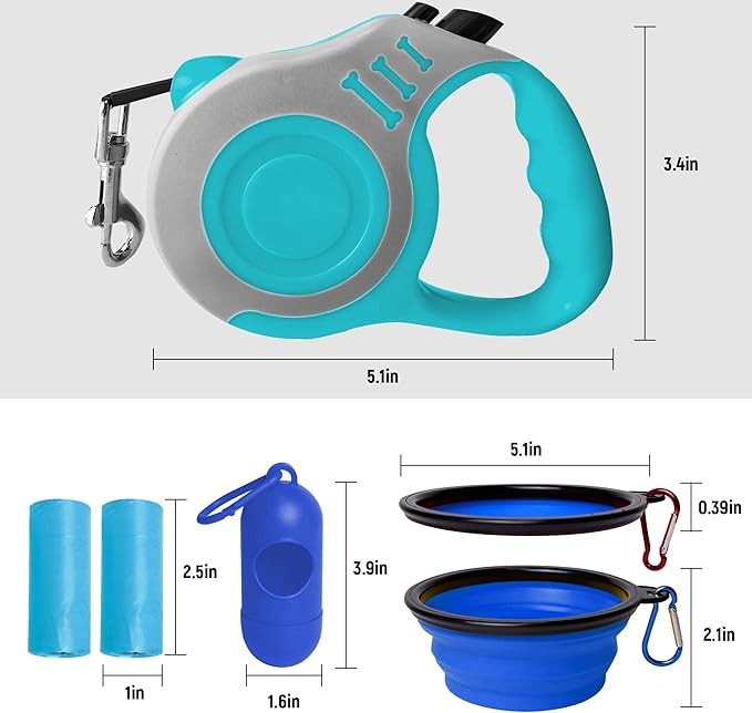 LIEVUIKEN Retractable Dog Leash Automatic Telescopic Tractor Dog Tape, Pet Tape 10/16 FT Durable and Convenient, with Folding Bowl, Dispenser, Rubbish Bags, Suitable for Small and Medium Dogs