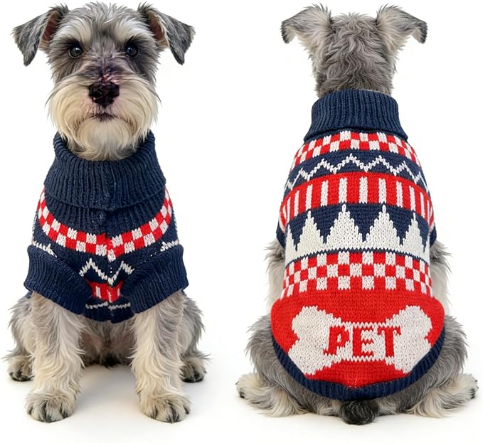 Small Dog Cold Weather Sweaters – Warm Knit Turtlenecks, Cozy Pet Pullovers Dog Clothes with Leash Hole for Chihuahua Bulldog Pug Beagles (Red/Navy, Large)