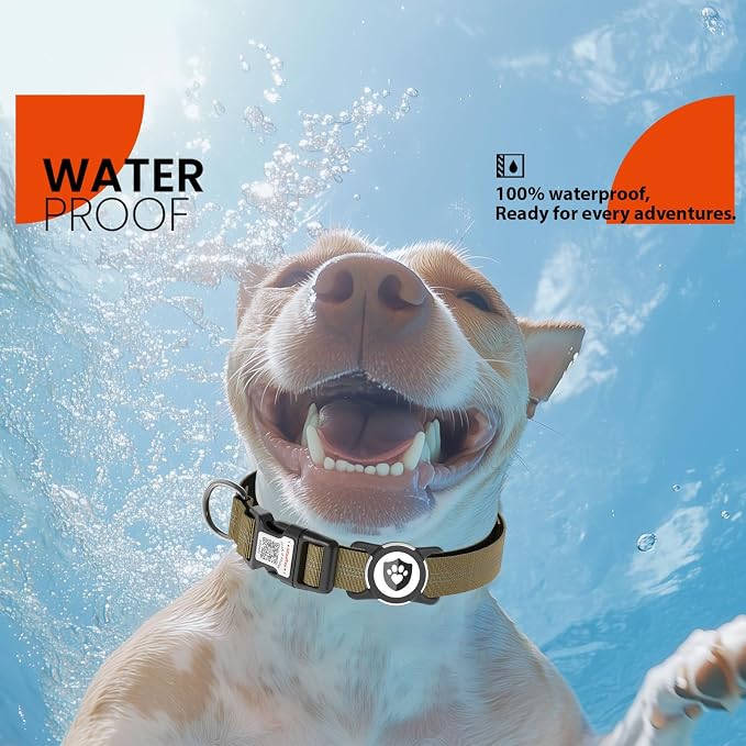 Waterproof AirTag Dog Collar with QR Code Dog Tag, Champagne S | IP68 waterproof, QR code dog tag, Anti-Lost, Online profile, fits XS-L (8"-26"), Padded nylon, Reflective, No App, No Fees