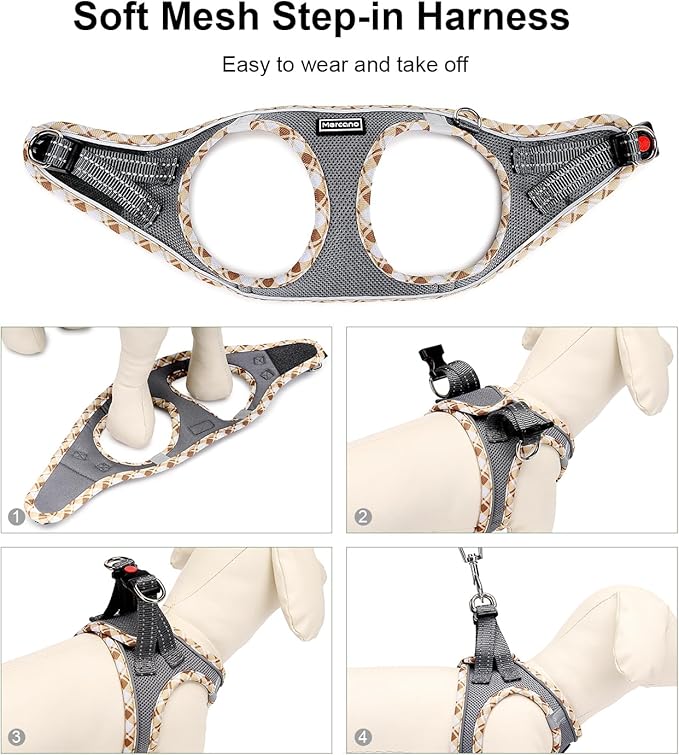Mercano Soft Mesh Dog Harness and Leash Set, No-Chock Step-in Reflective Breathable Lightweight Easy Walk Vest Harnesses with Safety Buckle for Small Dogs, Cats (Grey, XL)