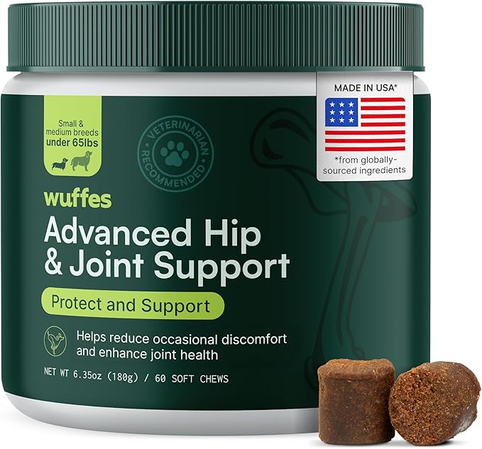 Wuffes Advanced Dog Hip and Joint Supplement with Glucosamine, Chondroitin, Omega 3, MSM, and Green Lipped Mussel, 60 Pork Flavored Chews for Small and Medium Dog Breeds
