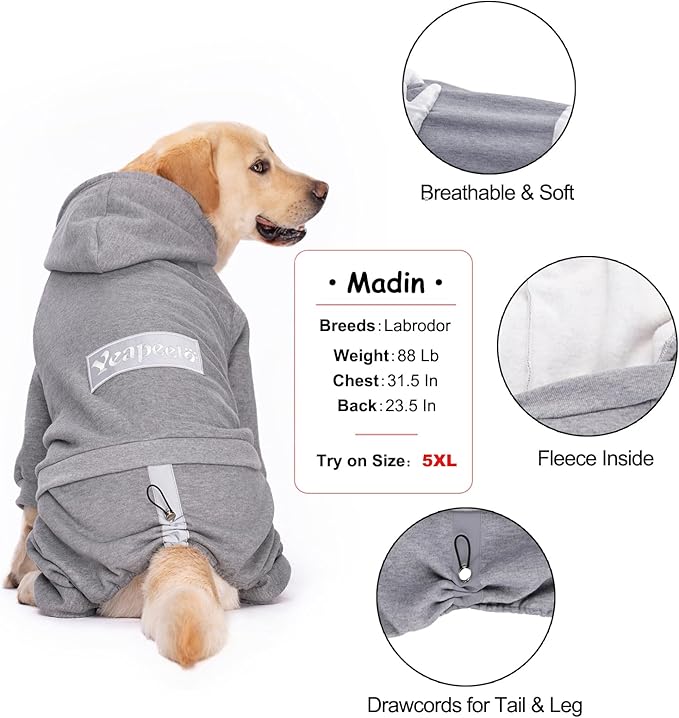 Dog Hoodies Winter Coat for Large Medium Dogs, Pullover 8 Legs Warm Coat Hooded Sweatshirt, Fleece Hoodie for Cold Weather (Grey, 5X-Large)