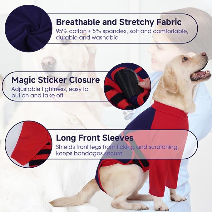 LeLePet Recovery Suit for Dogs After Surgery, Female Spay and Male Neuter Suits, Dog Onesie for Surgery Prevent Licking Breathable Soft Recovery Suit with Long Sleeve Front Legs Dog Cone Alternative