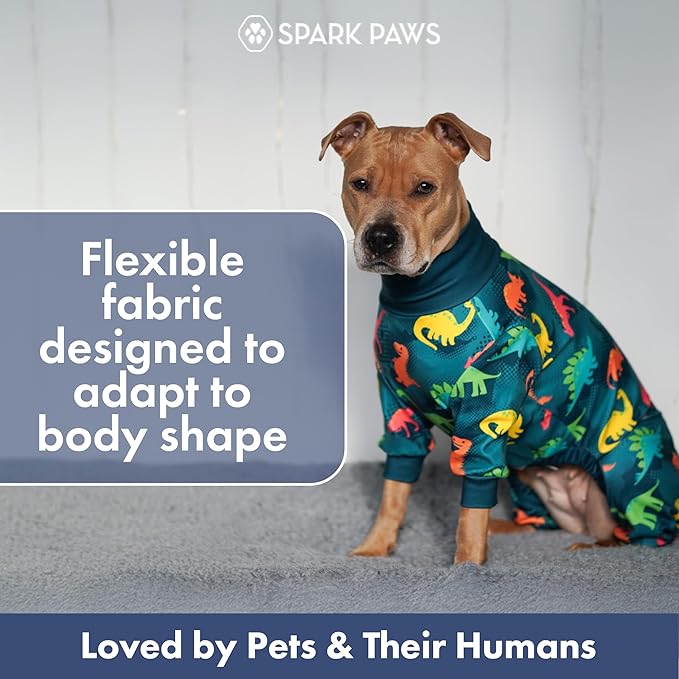 Spark Paws Dog Pajama, Dog Recovery Suit Male, Onesie, Ultra-Soft and 4-Way Stretch, for Small Medium and Large Breeds - Dinosaurs - 3XL