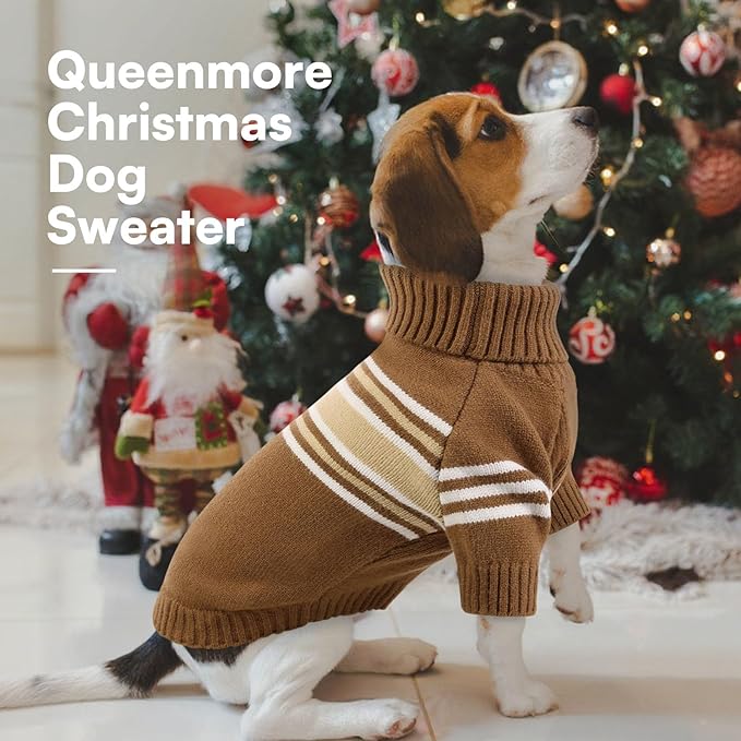 Queenmore Dog Striped Knitted Sweater, Turtleneck Pullover Pet Coat, Dog Winter Clothes with Leash Hole for Small Medium &Large Dogs(Brown,XL)