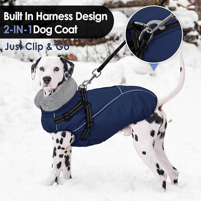 AOFITEE Dog Winter Coat, Waterproof Dog Jacket with Harness Built in, Warm Fleece Dogs Coats for Medium Dogs, Reflective Cozy Thermal Pet Puffer Jacket Snowsuit with Zipper & Furry Collar, Blue M
