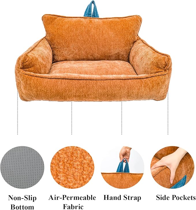 RAFASAFA Large Orthopedic Dog Sofa Bed with Sides, Carry Handle & Side Pockets .Plush Chenille Orthopedic Pet Bed Couch for Large Dogs.Portable Snuggler for Indoor Use, Travel & Recovery(Orange)