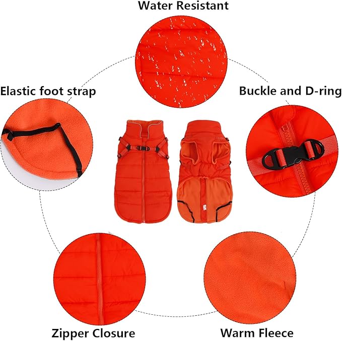 Geyecete Winter Warm Coat Waterproof Dog Winter Jacket with Harness Traction Belt,Windproof Pet Outdoor Jacket Dog Autumn-Orange-S