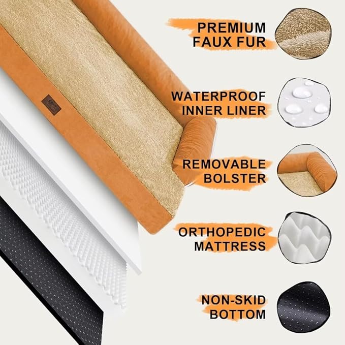 Large Dog Bed Orthopedic Washable, Orthopedic Dog Beds for Large Dogs with Washable Cover, Removable Bolster and Non-Slip Bottom Orange Gaint Pet Beds, XXXLarge Extra Large Dogs