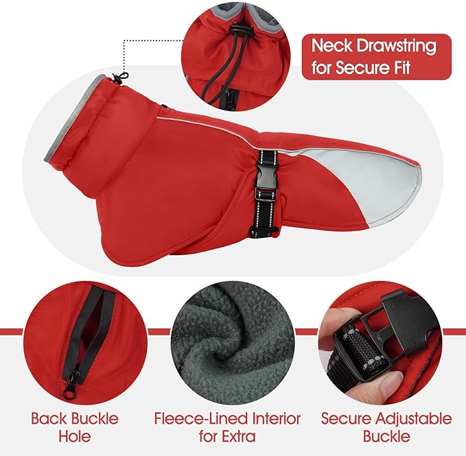 Dog Coat for Small to Large Dogs – Water Resistant Jacket with Soft Fleece Lining, Adjustable Fit and Reflective Trim Red XXL