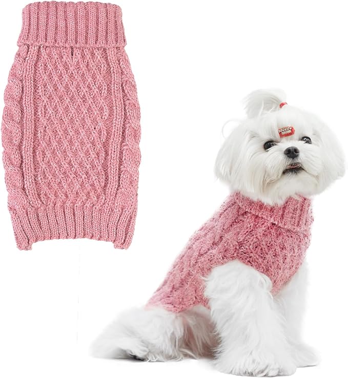 Turtleneck Small Dog Sweaters - Classic Cable Knitwear Winter Coat for Small Medium Dogs Male Female Puppy Dog Cold Weather Clothes Girls Boys, Light Pink, S