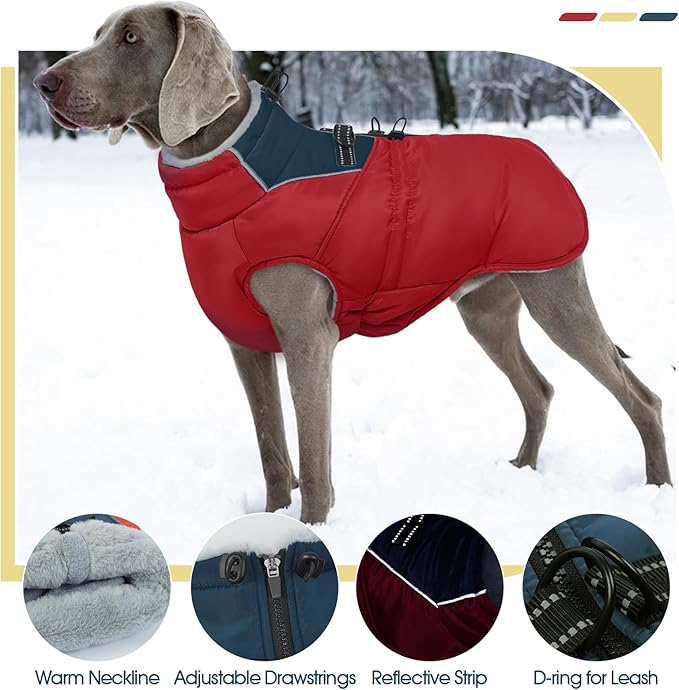 ROZKITCH Dog Jacket for Cold Weather, Dog Coat for Autumn Winter with Turtleneck, Pet Clothes with Adjustable Buckles, Soft Warm Pet Clothing with Reflective Strip for Medium Large Dogs Red L