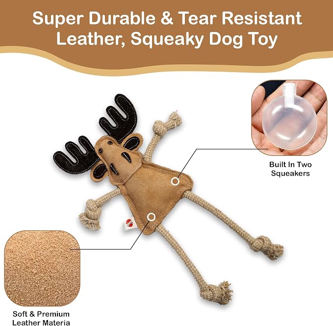 SPOT Dura-Fused Leather Forest Animals - Dog Toy with Squeaker and Rope Limbs, Real Leather and Jute Chew Toy, Durable No-Stuffing Toy For Light to Moderate Chewers - 14in, Assorted Styles, 1 Piece