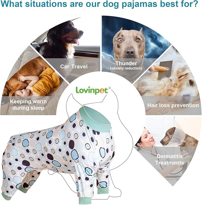 LovinPet Large Dog Pjs - Anti Licking & Anxiety Calming Dog Clothes, All Season Lightweight Stretchy Fit, Bullseye Melon Print, Pet Pajamas for Dogs, Pitbull Clothes, Grey XL