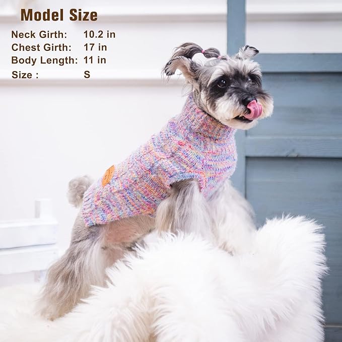 BEAUTYZOO Small Dog Sweater -Turtleneck Pullover Classic Cable Knit Fuzzy Winter Coat Dog Cold Weather Clothes for Small Medium Dogs Puppy Girl Boys(Rainbow Pink, S/M)