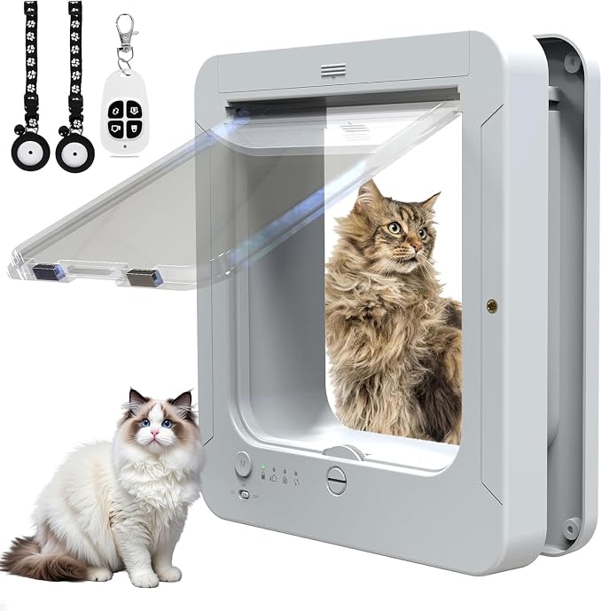 Microchip Cat Flap 11.5" x 10", Automatic RFID Pet Door with 2 Collar Sensors & Remote Control, 4-Way Locking Weatherproof Smart Cat Door for Small Dogs White