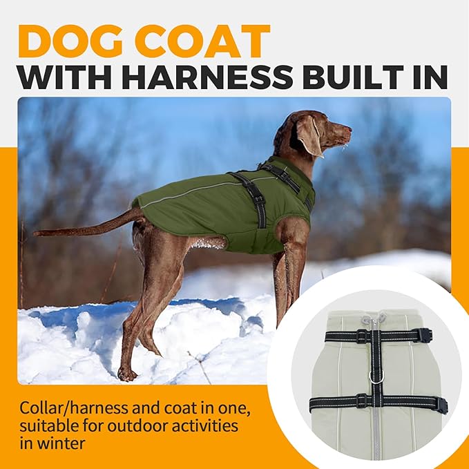 Lelepet Dog Coat for Large Dogs Waterproof Dog Jacket with Harness Built in Reflective Fleece Jacket with Zip Warm Winter Coats for Dogs Thermal Pet Snowsuit for Outdoor, Border Collie, Army Green, XL