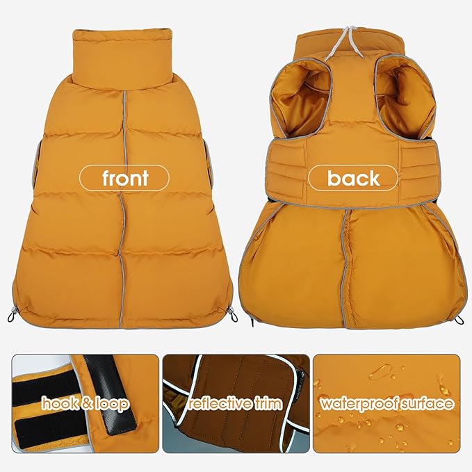 FUAMEY Dog Puffer Jacket for Large Dogs,Dog Cold Weather Coats Winter Dogs Down Jackets Waterproof Pet Snowsuits Warm Puppy Winter Vest Turtleneck Pets Adjustable Jackets Coats Mustard Yellow XXXL