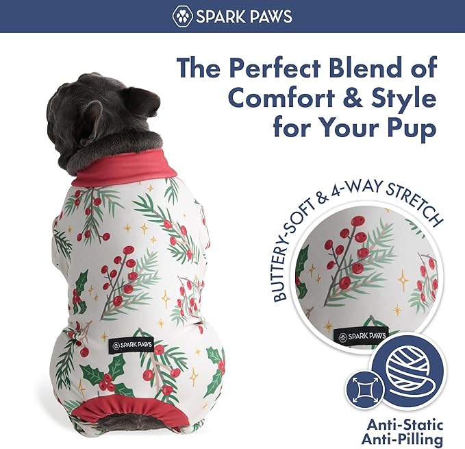Spark Paws Dog Christmas Pajama, Dog Recovery Suit Male, Onesie, Ultra-Soft and 4-Way Stretch, for Small Medium and Large Breeds - Mistletoe - S