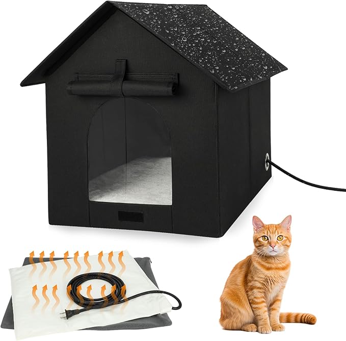 Large Heated Outdoor Cat House Double Door Heater Cats Shelter,Weatherproof Foldable Heat Kitty House with Insulated Kitten Heating Pad Bed for Feral Barn Cat Kitten Puppy Outside Pets in Winter