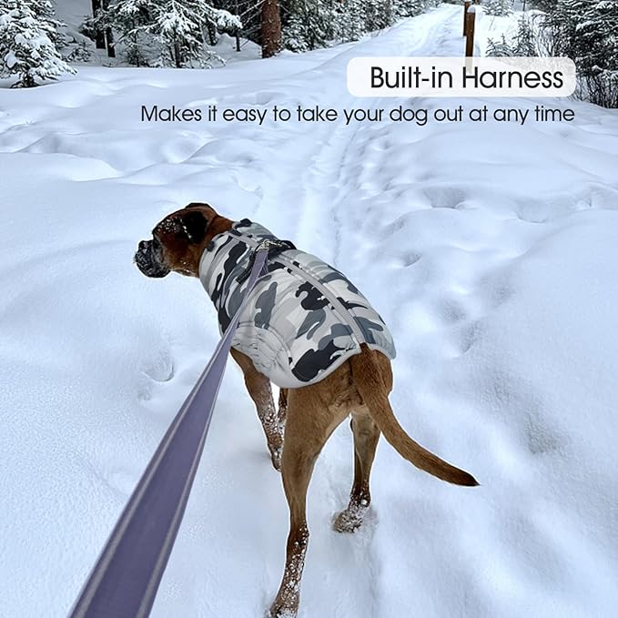 FUAMEY Dog Coat for Small Dogs,Waterproof Dog Winter Jacket with Harness Built in Puppy Cold Weather Coats Reflective Pet Vest with Zipper Warm Fleece Dogs Snowsuit Windproof Grey Camo S