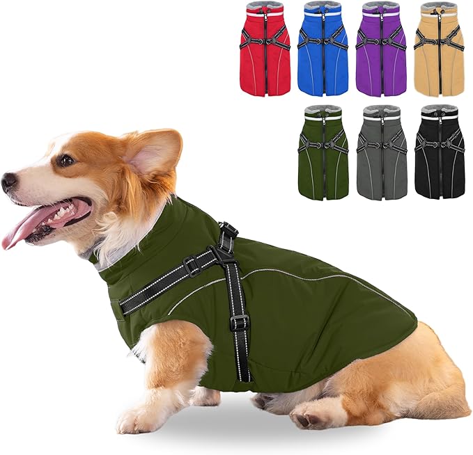 Fragralley Dog Coat with Harness Built in, Waterproof Windproof Reflective Warm Puffer Jacket, Fleece Lined Vest Winter Parka for Small, Medium, Large Dogs