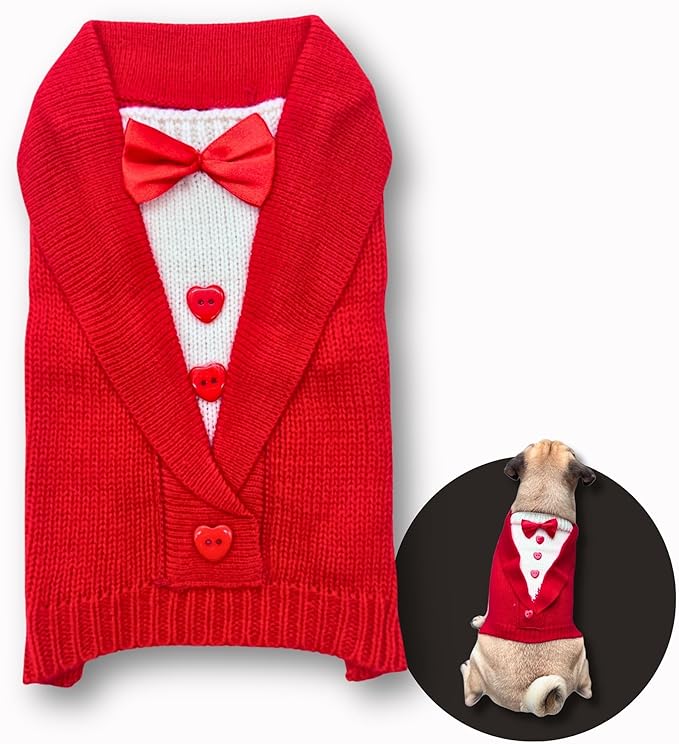 Cute Sweater for Dogs and Cats Soft Flannel Pet Outfit Warm and Cozy Animal Hoodie Small to Large Pet Clothes for Halloween Parties and Everyday Wear (Medium, Red Bowtie)