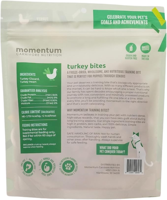 Momentum Carnivore Nutrition Freeze-Dried Turkey Training Bites – Two Ingredients-Turkey Gizzards and Hearts, All-Natural Dog Treats –Made in USA – Perfect for Training & Rewards- 2.5 oz Bag
