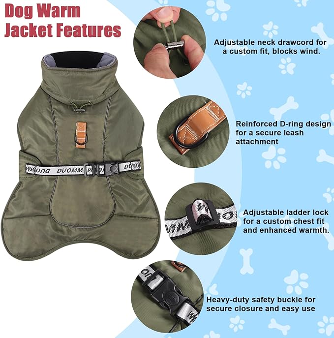 DoggieKit Dog Winter Coat, Waterproof Warm Jacket with Harness Built in, Reflective Cold Weather Doggie Vest, Windproof Turtleneck Pet Snowsuit, Adjustable Puffer Jacket for Large Dogs, Green 4XL