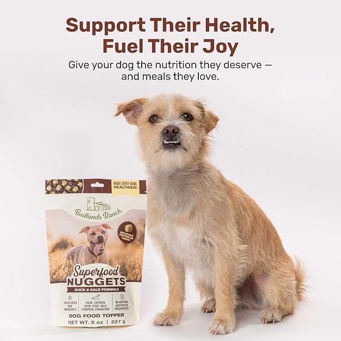 BADLANDS RANCH Superfood Nuggets – Freeze-Dried Raw Dog Treat & Food Topper, Nutrient-Dense Duck & Kale Formula, High Protein, No Artificial Additives, 8oz Bag