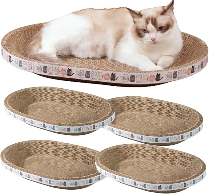 Spindro 4 Pack Large Cat Scratcher Cardboard, Oval Cat Scratcher Bed Scratch Pad Board Lounge Couch Cats Bowl Shaped Scratching Post Nest for Cats Grinding Claw Furniture Protector