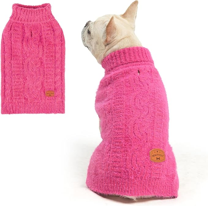 BEAUTYZOO Small Dog Sweater -Turtleneck Knitted Dog Sweaters for Dogs Puppy Girls Boys, Winter Dog Clothes Cable Knitwear with Leash Hole, Dog Christmas Sweater Pullover Sweatshirt for S M Pet Apparel