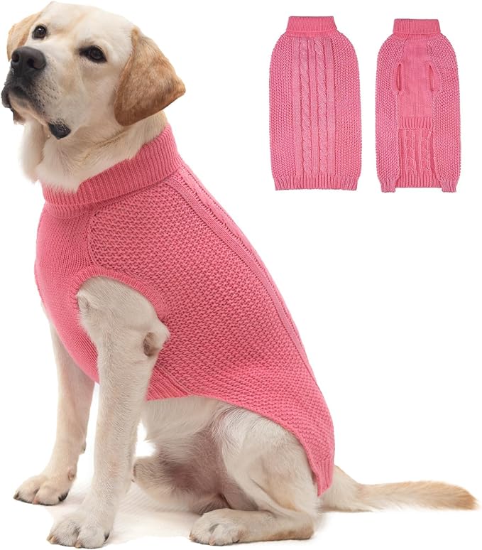 XL Dog Sweater, Classic Cable Knit Warm Dog Sweatshirt with Reflective Yarn for Girl Boy, Halloween Fall Winter Coat Turtleneck Pullover Clothes Apparel for Small Medium Large Dogs (Pink XL)