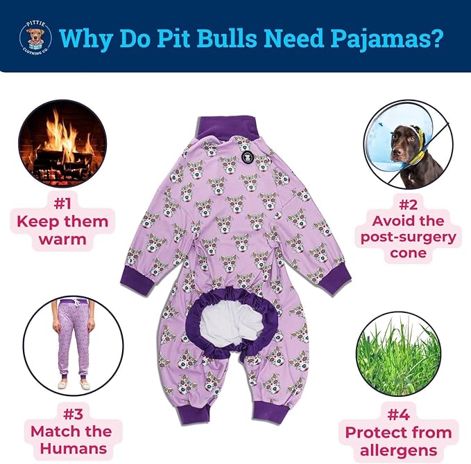 Pittie Clothing Pit Bull Dog Pajamas – Full Coverage Dog Onesie, Soft Pajama Outfit for Medium, Large, XL & XXL Breeds