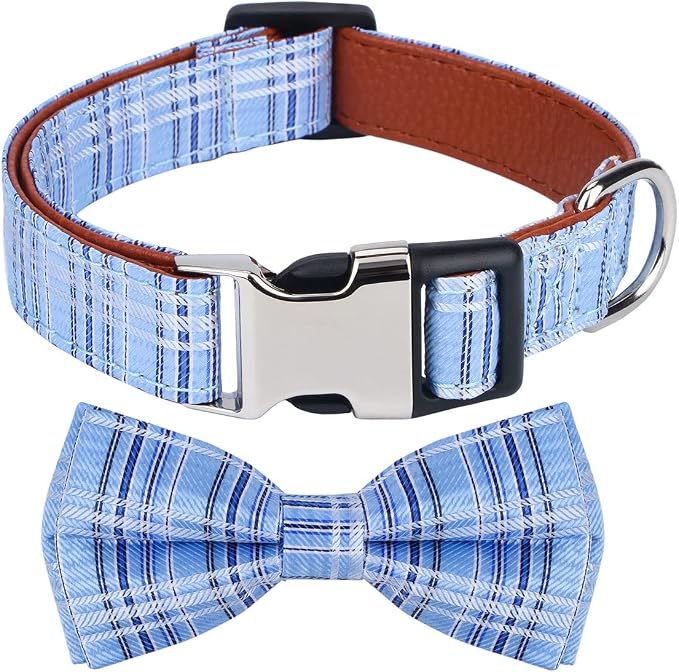 Dog Collar with Bow Tie for Girl or Boy Gift Soft Durable Bowtie Blue Tartan Plaid Large
