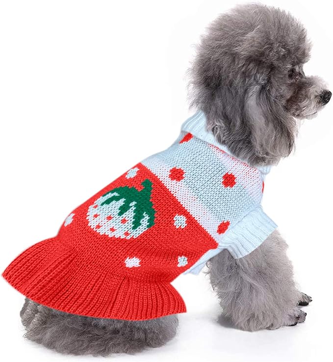 CHBORCHICEN Pet Dog Sweaters Classic Knitwear Turtleneck Winter Warm Puppy Clothing Cute Strawberry and Heart Doggie Sweater (M, Dress-Red1)