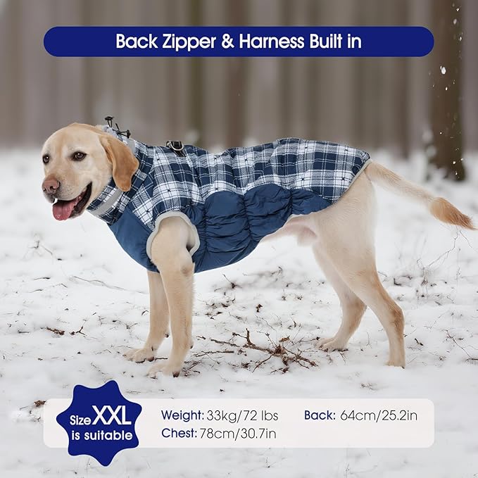 FUAMEY Dog Coat for Large Dogs,Waterproof Dog Winter Jacket with Harness Built in Puppy Cold Weather Coats Reflective Pet Vest with Zipper Warm Fleece Dogs Snowsuit Windproof Blue Plaid L