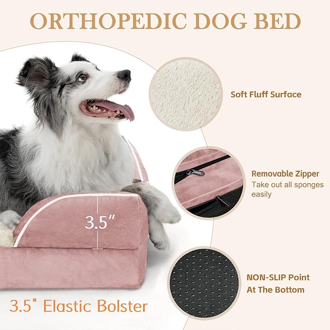 Comfort Expression Orthopedic Dog Bed for Small Dogs 24x16 Inch, Waterproof Supportive Egg Crate Foam Small Pet Bed with Removable Bolsters, Dog Couch with Washable Cover & Non-Slip Bottom, Pink