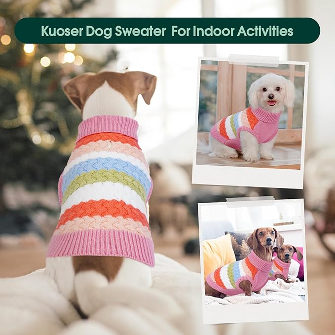 Kuoser Dog Sweater, Large Sweaters for Dogs Doggy Turtleneck Christmas Thanksgiving Outfit, Thick Warm Knitted Dog Winter Vest Puppy Fall Sweater, Pet Cold Weather Sweatshirt Warm Clothes, Pink L