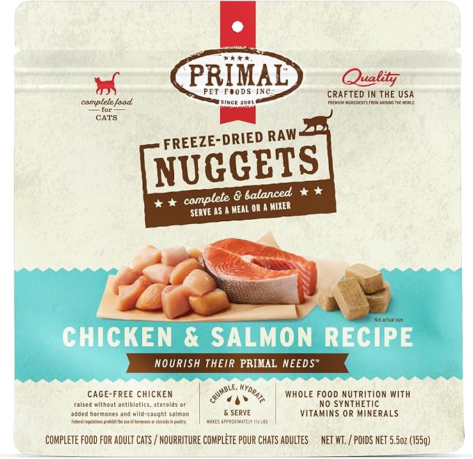 Primal Freeze Dried Raw Cat Food Nuggets Chicken & Salmon, Complete & Balanced Meal or Topper, Premium, Healthy, Grain Free, High Protein Raw Cat Food with Probiotics (5.5 oz)