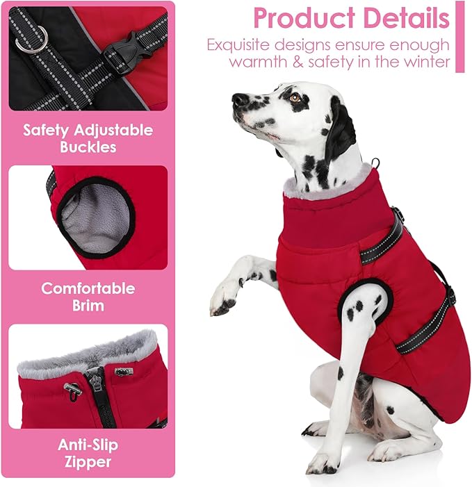 AOFITEE Dog Coat, Windproof Turtleneck Dog Jacket with Built in Harness, Reflective Dogs Jackets with Fleece Lining, Waterproof Pet Winter Coat for Cold Weather for Border Collie, Beagle, Red XL