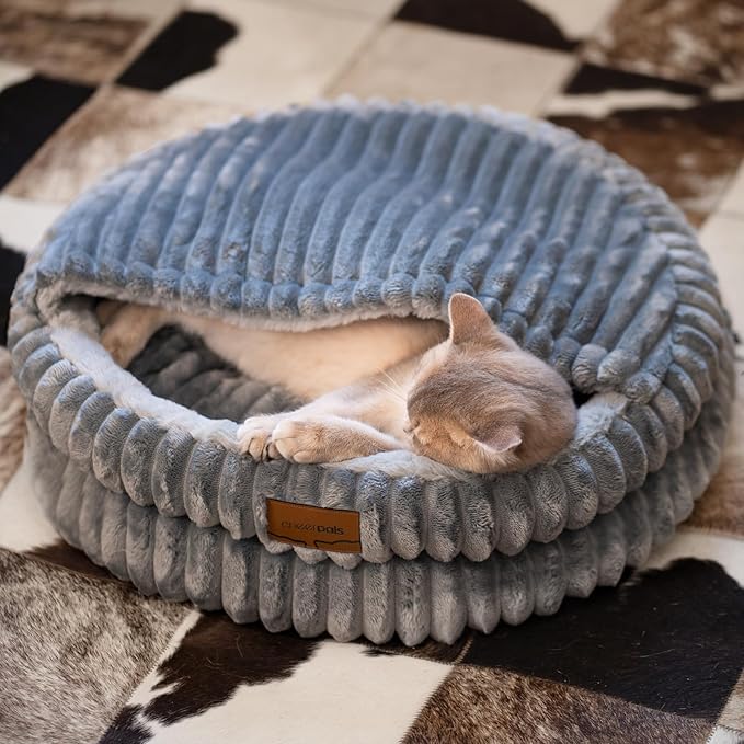 CHEERPALS Cat Cave Bed for Indoor Cats, Washable Covered Cat Bed Hooded Kitty Bed Soft Fluffy Pet Bed for Puppy and Small Dog(Dark Blue)