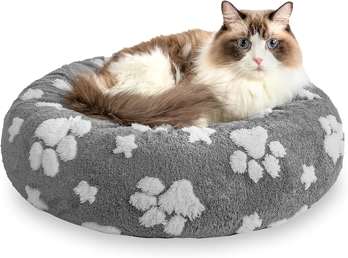 Yaning Donut Dog Beds for Small Dogs, Calming Round Cat Beds for Indoor Cats, Cute 3D Textured Paw Pet Bed with Removable Washable Cover and Anti-Slip Bottom（Grey，20"）