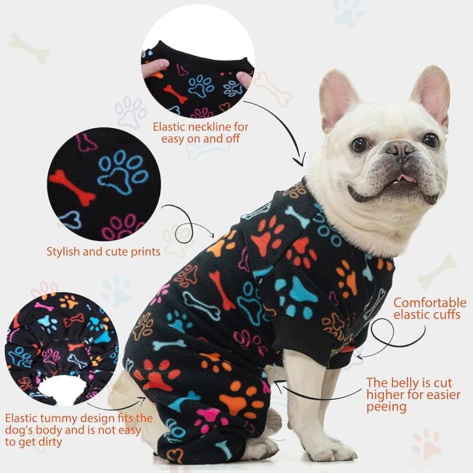 SCENEREAL Fleece Dog Pajamas for Small Medium Large Dogs, Warm Soft Puppy Jumpsuit, Adorable Bones Paw Print Pet Sweaters Clothes, Doggy Pjs Cat Coat for Boy Girl