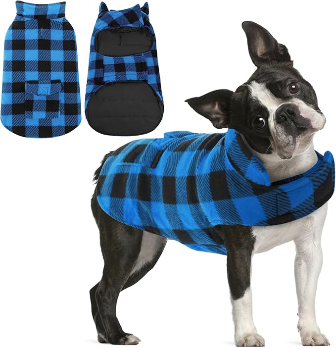 AOFITEE Dog Coat Plaid Dog Winter Coat for Small Dogs, Warm Dogs Jacket Christmas Sweater, Waterproof Pet Puffer Jacket, Reversible Pet Cold Weather Coats for Small Medium Large Pets, Blue M